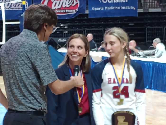 Archbishop Hannan coach Rebekka Bonnaffee (center) and match MVP Sophia Bonnaffee are interviewed following the Hawks' Division III state championship win Nov. 11, 2023.